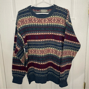 VINTAGE Tangiers Printed 100% Shetland Wool Crewneck Pullover Sweater Medium